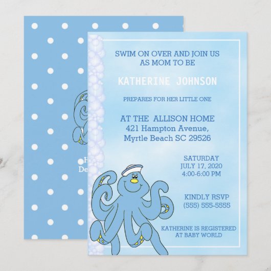 Invitation Baby shower octopus bleu mou (Devant / Derrière)