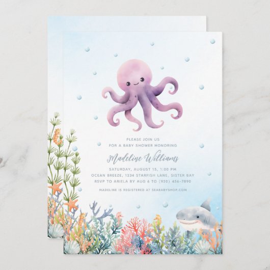 Invitation Baby shower octopus mignon (Devant / Derrière)