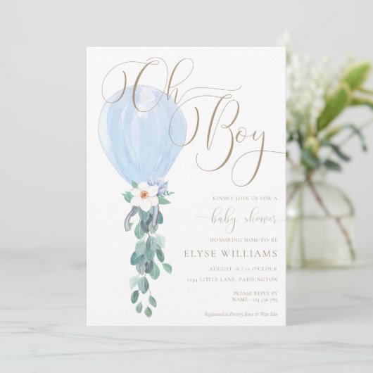Invitation Baby shower Oh Boy Blue Balloon (Debout devant)