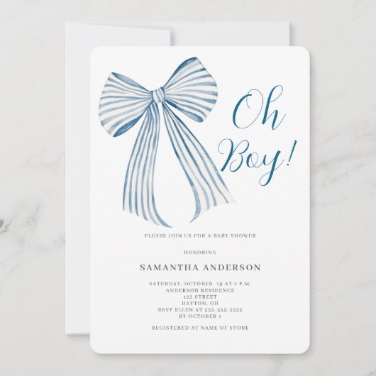 Invitation Baby Shower Oh Boy Blue Bow Bébé (Devant)
