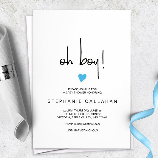 Invitation Baby shower Oh Boy Blue Heart Modern