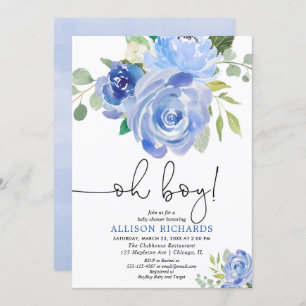 Invitation baby shower Oh boy floral bleu