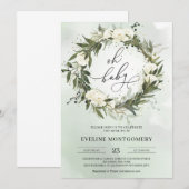 Invitation Baby shower Oh vert moderne Wreath White Roses (Devant / Derrière)