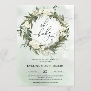 Invitation Baby shower Oh vert moderne Wreath White Roses
