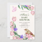 Invitation Baby shower oiseau branche florale (Devant)