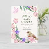 Invitation Baby shower oiseau branche florale (Debout devant)