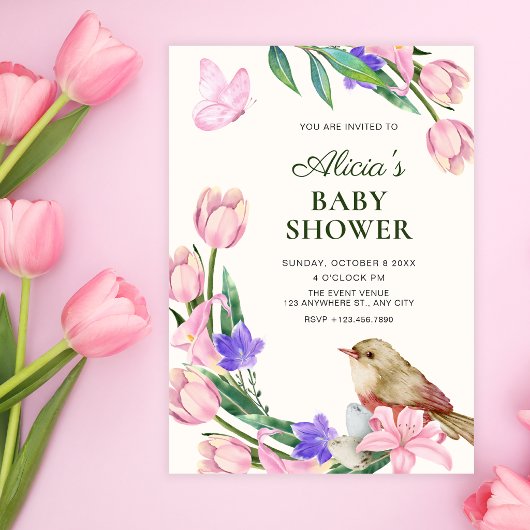 Invitation Baby shower oiseau branche florale