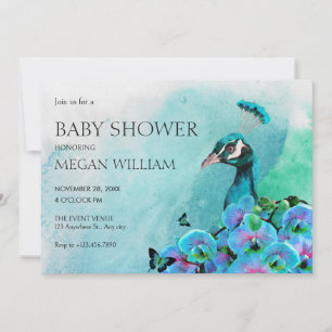 Invitation Baby shower oiseau paon bleu esthétique