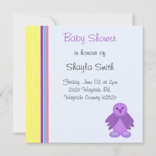 Invitation Baby Shower Oiseau Violet (Devant)