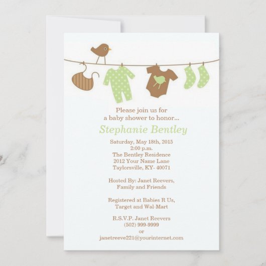 Invitation Baby shower Oiseaux de blanchisserie verte 5x7 Inv (Devant)
