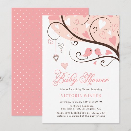 Invitation Baby shower Oiseaux roses et cordes (Devant / Derrière)