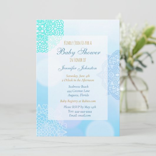 Invitation Baby shower Ombre bleu, Turquoise et blanc Mandala (Debout devant)