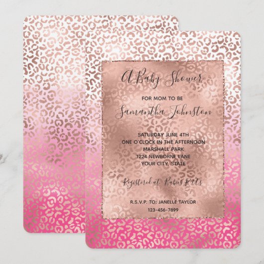 Invitation Baby shower Ombre Empreinte de léopard couleur ros (Devant / Derrière)