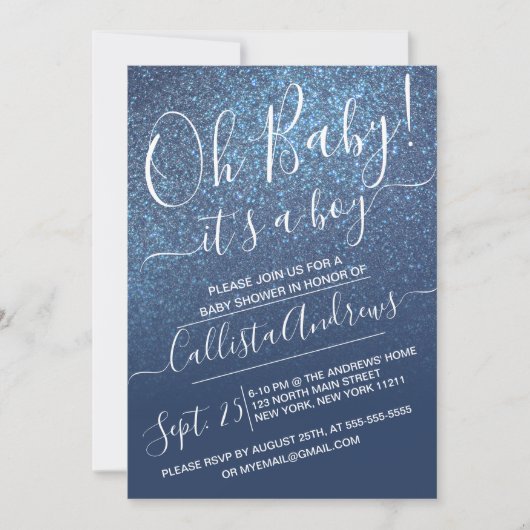 Invitation Baby shower Ombre Parties scintillant bleu brillan (Devant)