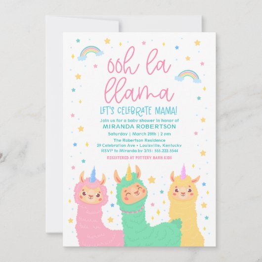 Invitation Baby shower Ooh La Llama Rainbow et Stars (Devant)