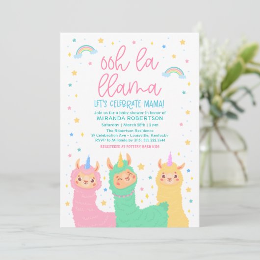 Invitation Baby shower Ooh La Llama Rainbow et Stars (Debout devant)