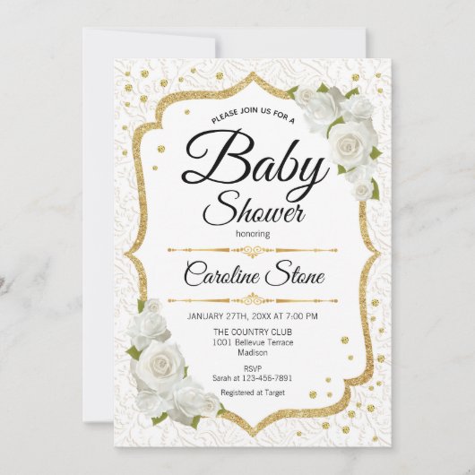 Invitation Baby shower - Or blanc (Devant)
