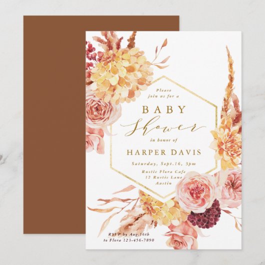 Invitation Baby shower Or Burange Orange Terracotta Fleurs (Devant / Derrière)