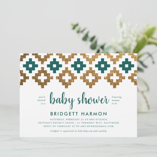 Invitation Baby shower or et Emerald Boho Aztec (Debout devant)