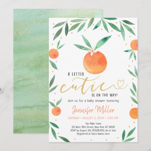 Invitation Baby shower Or Little Cutie Greenery (Devant / Derrière)