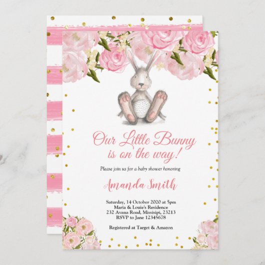 Invitation Baby shower Or Petit Lapin Rose (Devant / Derrière)