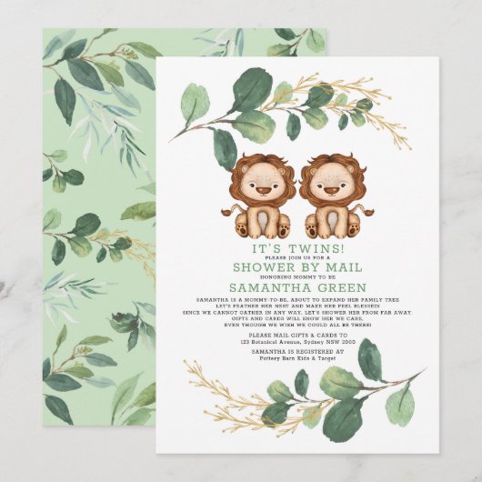 Invitation Baby shower Or Twin Lion moderne par courrier (Devant / Derrière)
