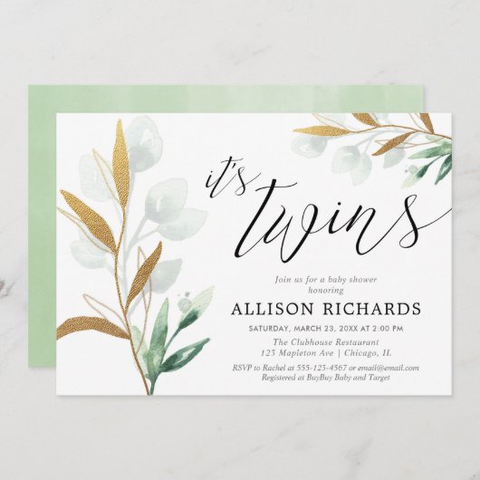 Invitation Baby shower or vert neutre genre jumeaux (Devant / Derrière)