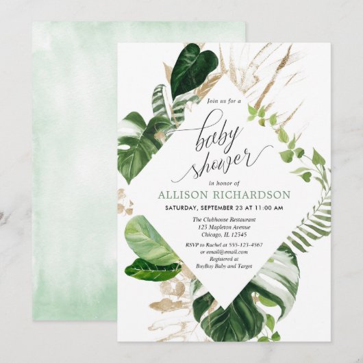 Invitation Baby shower or vert tropical neutre genre (Devant / Derrière)