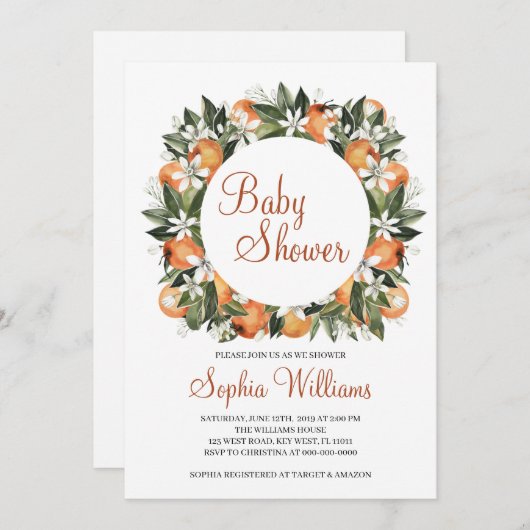 Invitation Baby shower orange (Devant / Derrière)