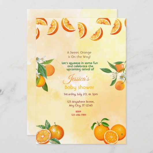 Invitation Baby shower orange (Devant / Derrière)