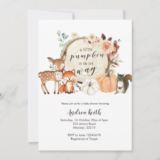 Invitation Baby shower orange brûlé citrouille de forêt (Devant)