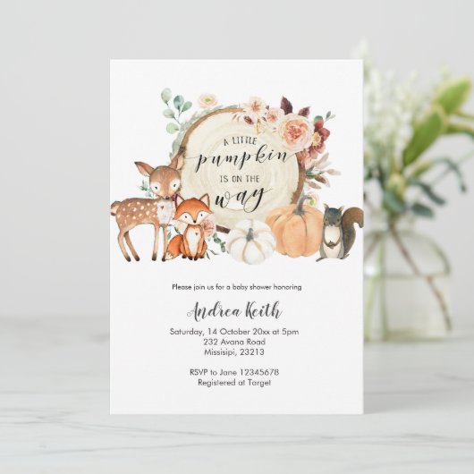 Invitation Baby shower orange brûlé citrouille de forêt (Debout devant)