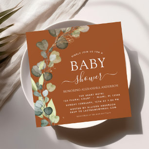Invitation Baby shower orange brûlé vert Eucalyptus