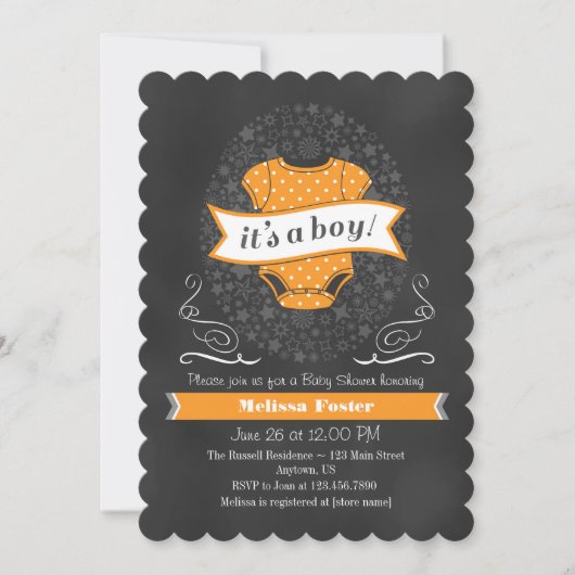 Invitation Baby shower Orange Chalkboard Boy (Devant)
