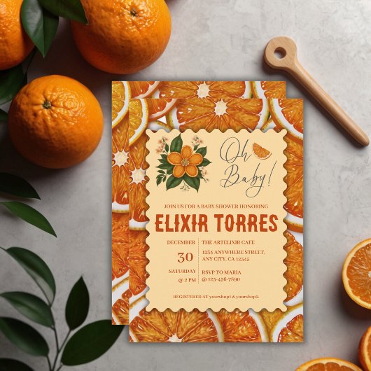 Invitation Baby shower orange Citrus élégant et moderne