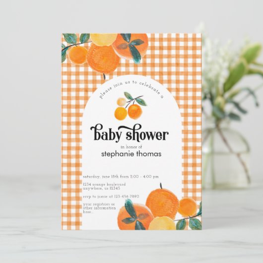 Invitation Baby shower Orange En vichy Citrus (Debout devant)