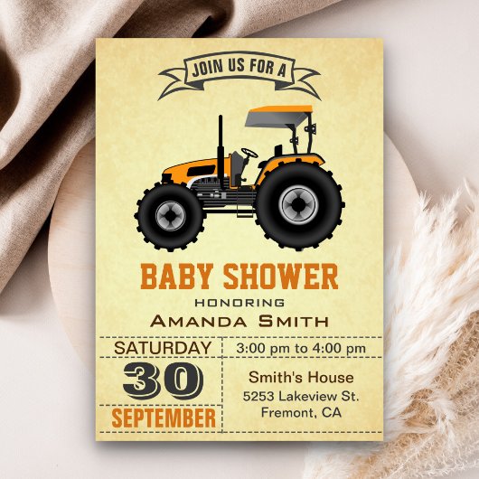 Invitation Baby shower Orange Farm Tractor