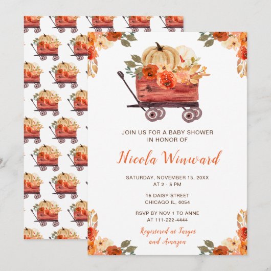 Invitation Baby shower Orange Floral Citrouille (Devant / Derrière)