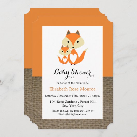 Invitation Baby shower Orange Fox Burlap (Devant / Derrière)