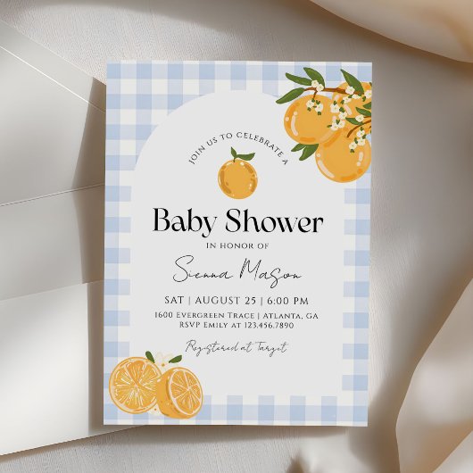Invitation Baby shower Orange Gingham Citron
