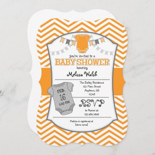 Invitation Baby shower Orange Grey Chevron (Devant / Derrière)