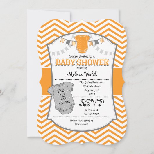 Invitation Baby shower Orange Grey Chevron (Devant)