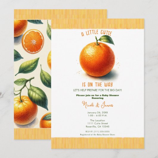Invitation Baby shower orange Little Cutie (Devant / Derrière)