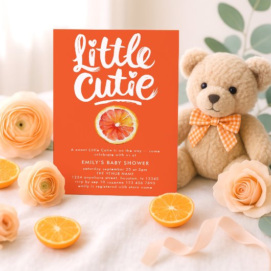 Invitation Baby shower orange Little Cutie White Text