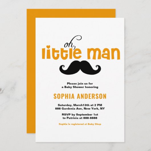 Invitation Baby shower Orange Little Man Mustache (Devant / Derrière)