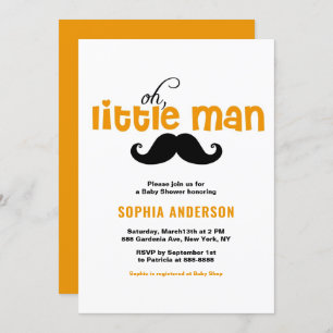 Invitation Baby shower Orange Little Man Mustache