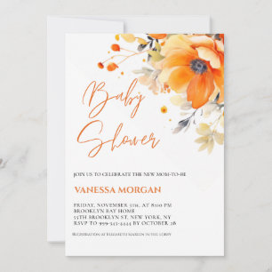 Invitation Baby shower Orange Watercolor Flowers