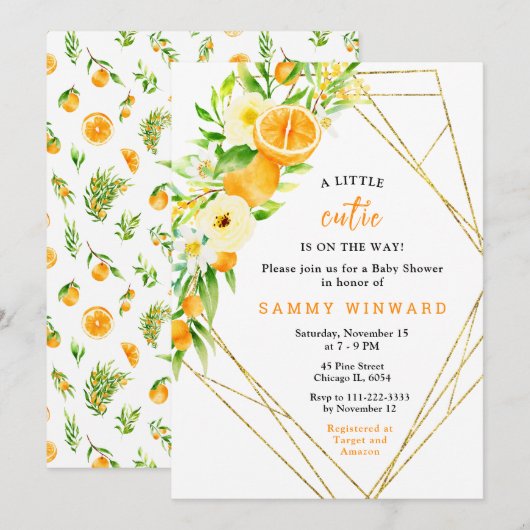 Invitation Baby Shower Oranges et Fleurs (Devant / Derrière)