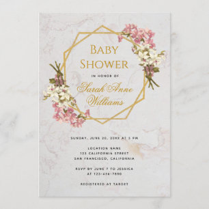 Invitation Baby Shower Orchidées Roses Géométrique Doré