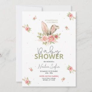 Invitation Baby shower Orejas de Conejo Rosa y Flores